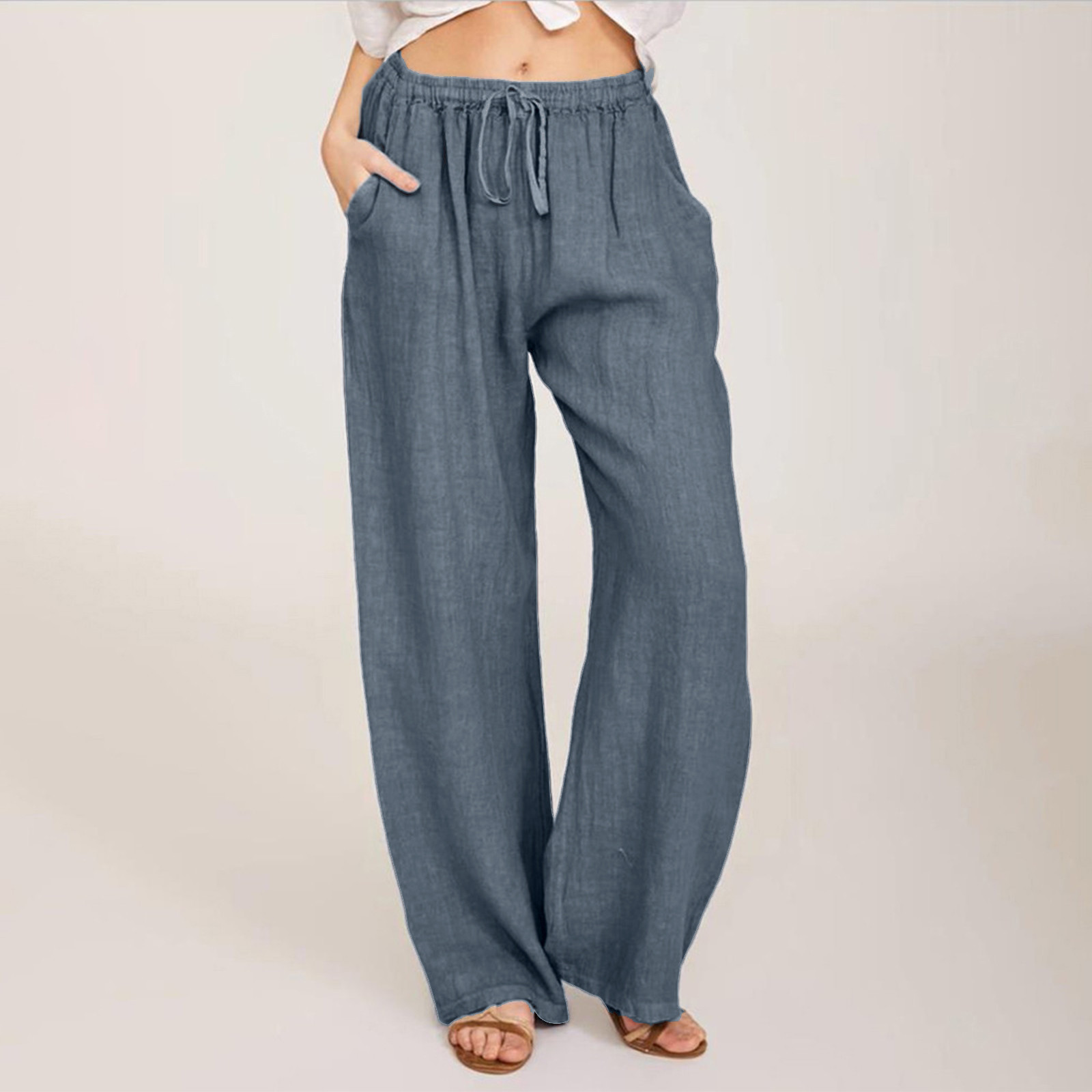 thumbnail image 2 of Pantalones anchos con cintura elástica y cordón ajustable, mezcla de poliéster, para mujer., 2 of 8